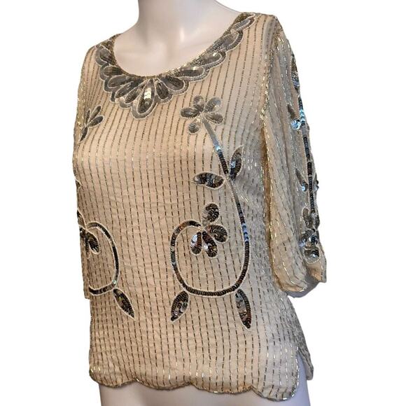 Vintage 60s Ivory Sequin Floral Beaded Silk Top Sz M 3/4 Sleeve Scalloped Beaded - Picture 10 of 16